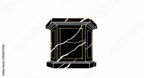 Ornate black marble pedestal with gold accents and a fractured surface