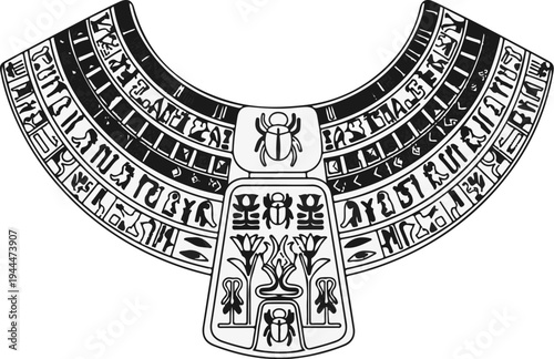 Ornate ancient Egyptian collar with scarab beetle and hieroglyphic inscriptions