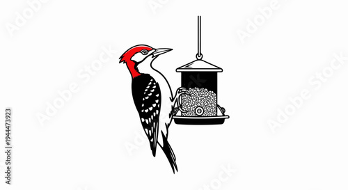 A red-headed woodpecker perches on a hanging bird feeder