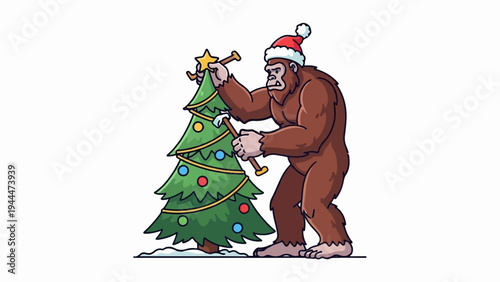 A cartoon Bigfoot wearing a Santa hat decorates a Christmas tree