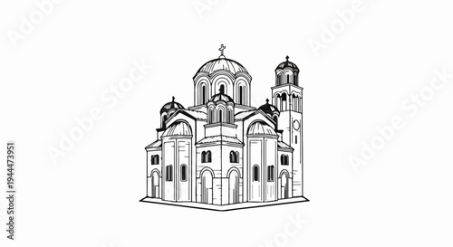Ornate building with multiple domes, towers, and crosses, drawn in black and white