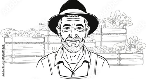 A farmer in a hat smiles amidst crates overflowing with fresh produce
