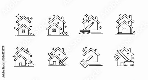 A collection of eight minimalist line art icons representing house cleaning