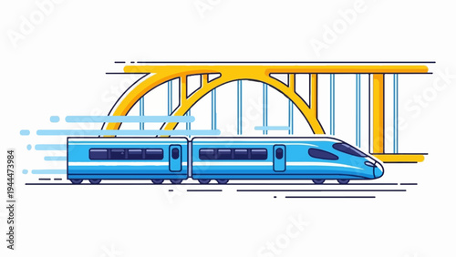 A fast blue train crosses a yellow bridge with blue suspension lines