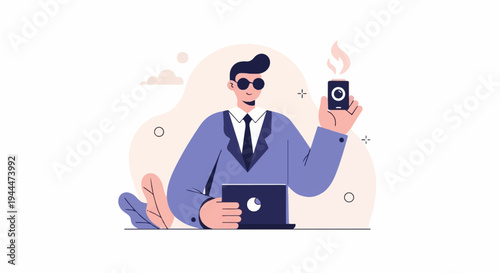 A person in a suit holds a phone with a flame and a laptop
