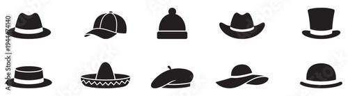 Hat silhouette icon set. Various caps and hats in bold silhouette design. Vector Illustration.