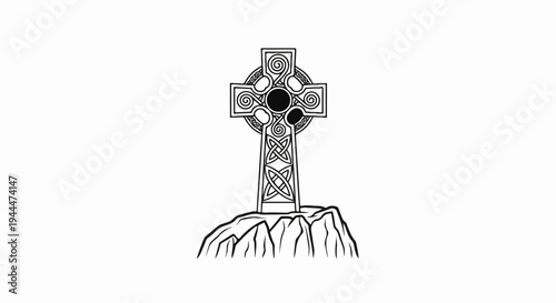 Ornate Celtic cross atop rocky terrain
