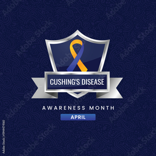 3D illustration for Cushing's Disease Awareness Month in April. Blue and yellow ribbon on a silver shield over a dark blue pattern background. Vector medical design.