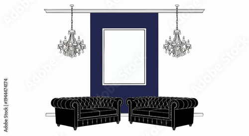 Ornate chandeliers suspend above two plush chesterfield sofas