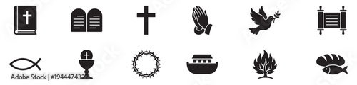 Christian religion icon set. Spiritual symbols including bible, cross, dove, praying hands and crown of thorns. Vector Illustration.