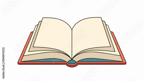 A brightly colored open book with cream pages, a red cover, and teal accents