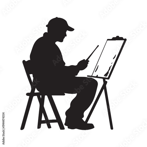 Silhouette of an male artist painting a canvas on an easel. vector illustration
