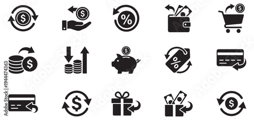 Cashback icon. Money back and cashback icon set. Black flat vector symbols for finance and shopping. Vector Illustration.