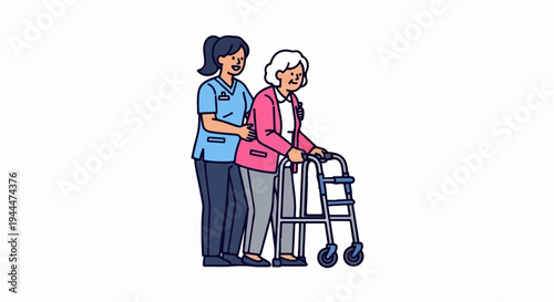 Nurse assists elderly woman with walker
