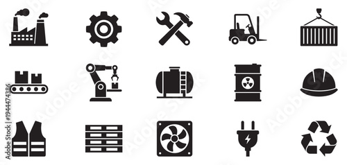 Industrial and manufacturing icon set. Factory, machinery, logistics and safety equipment silhouettes for engineering. Vector Illustration.