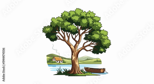 Lush tree by a serene lake with a small house and a boat