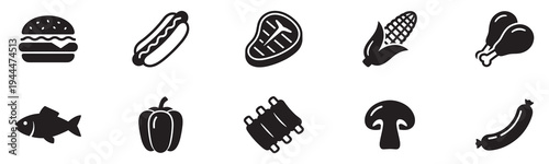 Grilled food icons. Meat, poultry and grilled food icons. Black flat vector set for BBQ and restaurant menu. Vector Illustration.
