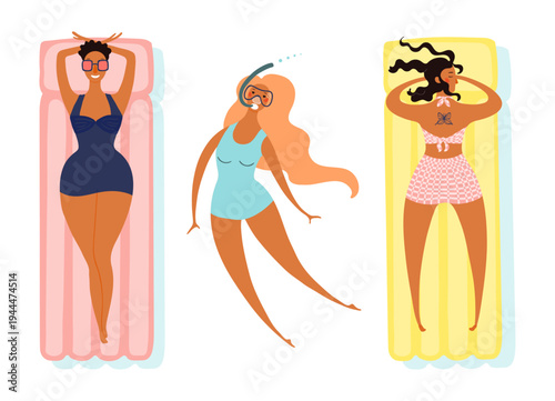 Women in swimsuits, sunbathing on pool raft, snorkeling, illustration isolated set. Summer holidays, resort, beach. Flat design element, cartoon character clip art collection, hand drawn vector