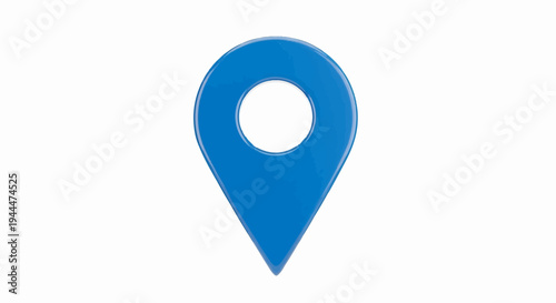 A bright blue, glossy map pin icon with a white circular cutout