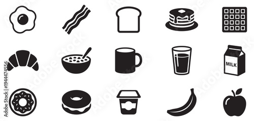 Breakfast food and drinks icon set. Flat black vector symbols isolated on white background. Vector Illustration.
