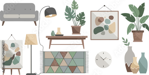 A collection of modern home decor items with abstract art