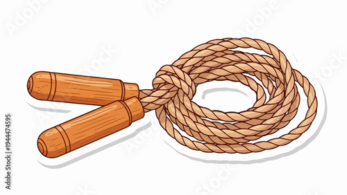 A braided rope jump rope with two wooden handles lies coiled