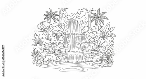 Lush tropical scene with a multi-tiered waterfall cascading over rocks
