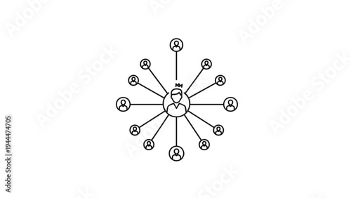 Central leader icon connected to a large circular network of people representing extensive teamwork, social community, and organizational connectivity.