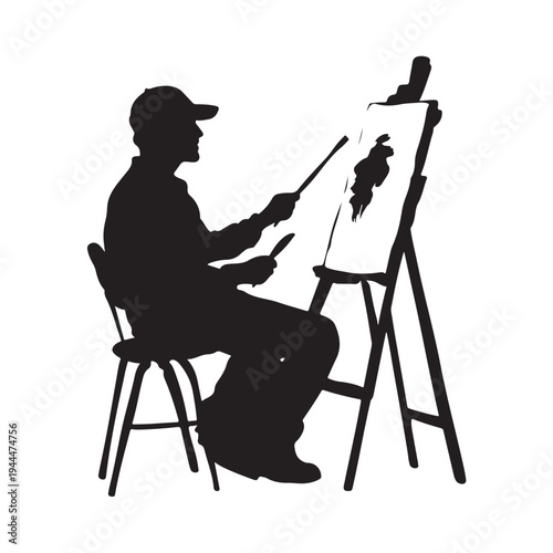 Silhouette of an male artist painting a canvas on an easel. vector illustration