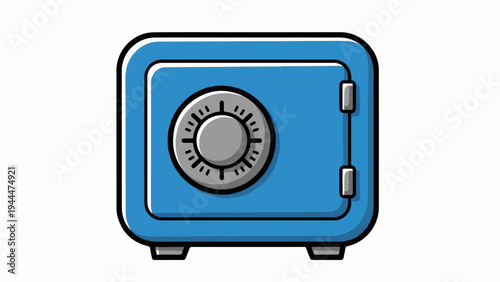 A blue safe with a gray combination dial and two gray hinges