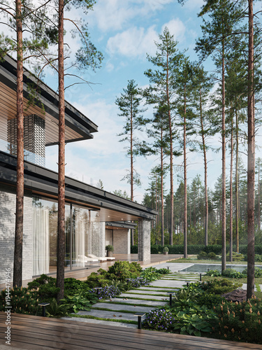 Canvas-taulu Contemporary house in forest landscape with wooden facade and glass walls