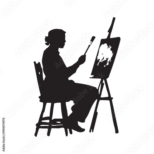 Silhouette of an male artist painting a canvas on an easel. vector illustration