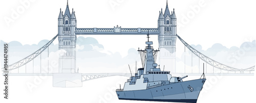 A blue naval vessel sails past a towering gothic bridge with misty clouds