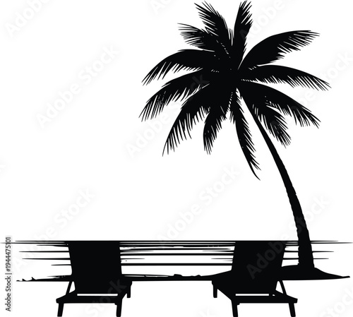 Silhouette of two chairs and a palm tree by the beach at sunset