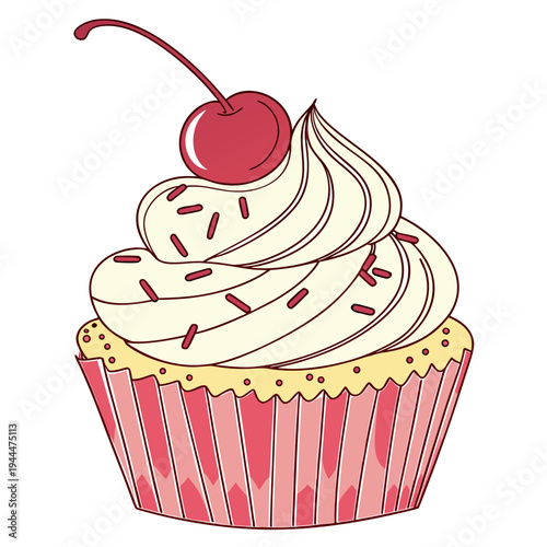 A cupcake with white frosting and a cherry on top
