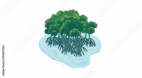 Lush green mangrove trees with tangled roots submerged in gentle blue water
