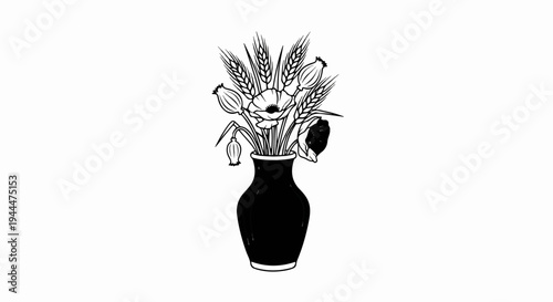 A black vase holds a bouquet of poppies and wheat stalks