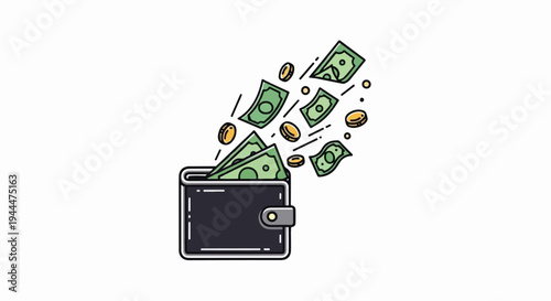 A black wallet with money and coins flying out