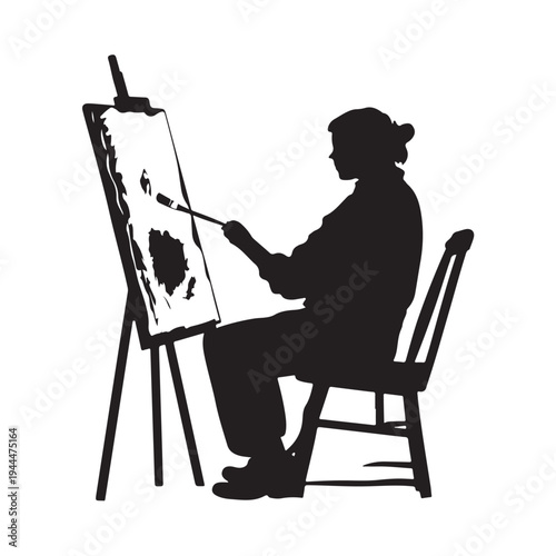 Silhouette of an male artist painting a canvas on an easel. vector illustration