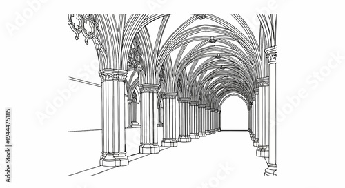 Ornate gothic archway corridor with detailed columns and vaulted ceilings