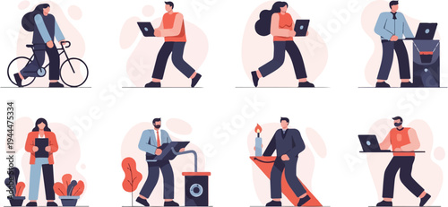 A collection of diverse people engaged in various work and leisure activities, stylized