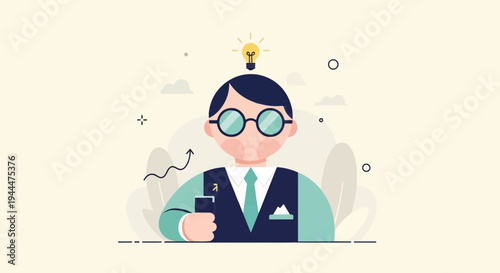 A figure with glasses and a lit bulb above head holding a phone