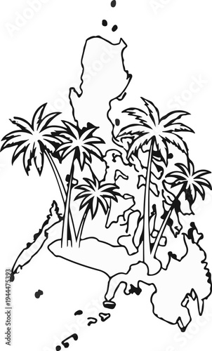 Outline map of a tropical island nation with palm trees