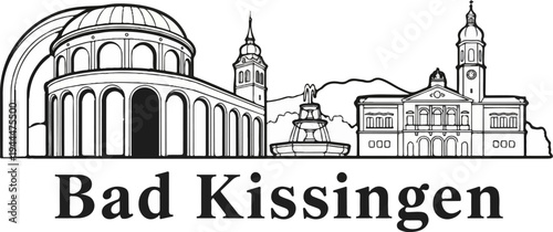 Ornate neoclassical buildings and a fountain form a town skyline