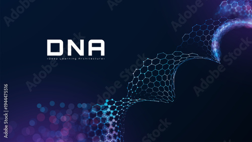 Futuristic DNA molecule and blue gene helix mesh.