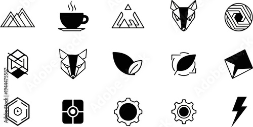 A collection of diverse black and white geometric logos mountains, coffee, fox, leaf, gear, bolt, hexagon