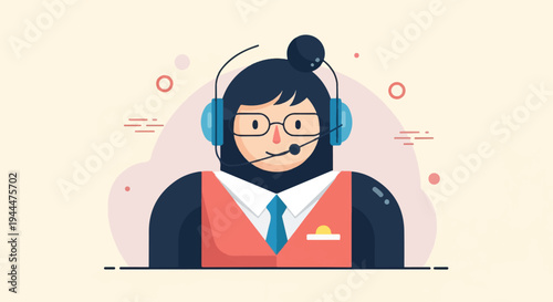 A flat illustration of a friendly person with a headset on, wearing a vest and tie
