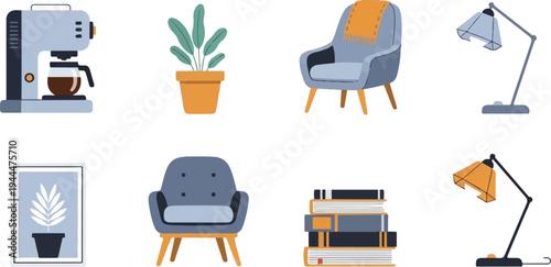 A collection of cozy home decor elements including a coffee maker, plants, chairs, lamps, and books