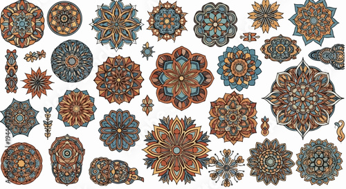 A collection of decorative circular and symmetrical floral patterns