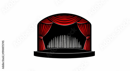 Ornate red curtains draped on an arched stage with a row of grey spikes